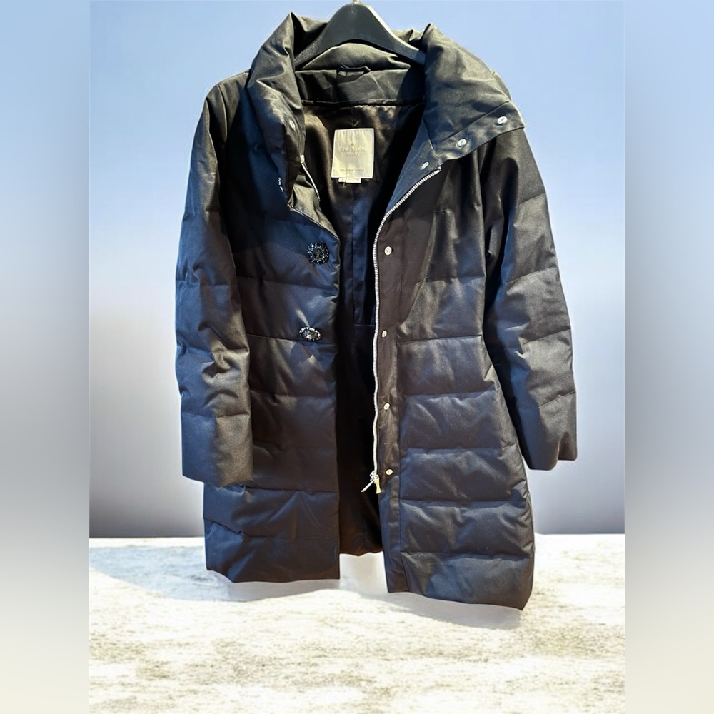 Kate Spade Elegant Jewel Button Black Puffer Coat w/Bow on Back (Like New) - Picture 3 of 14